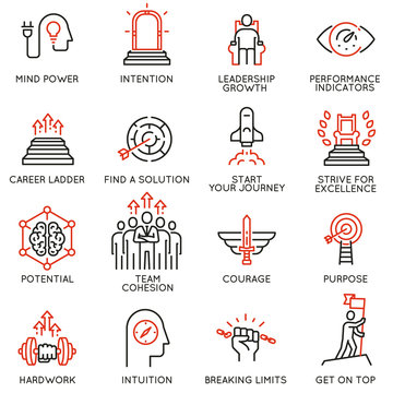 Vector set of linear icons related to skills, empowerment leadership development, qualities of a leader and willpower. Mono line pictograms and infographics design elements - part 3