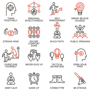 Vector set of linear icons related to skills, empowerment leadership development, qualities of a leader and willpower. Mono line pictograms and infographics design elements - part 4
