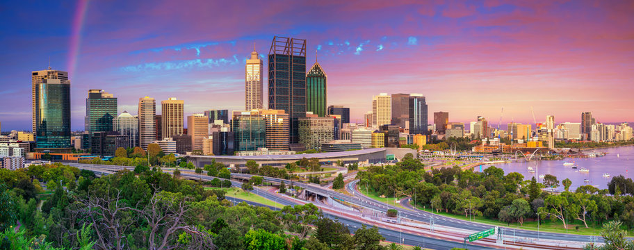Perth. Panoramic cityscape image of Perth skyline, Australia during dramatic sunset.