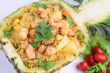 fire rice in pineapple with shrimp and cashew nut.