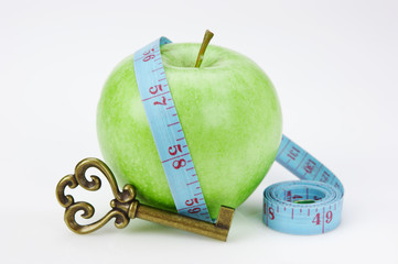 green apple and blue measure tape with clue on white background