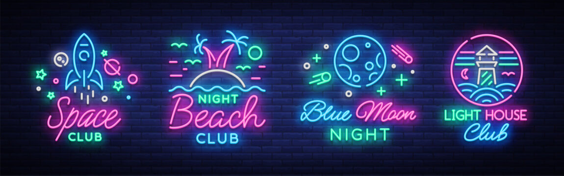 Nightclub set of neon signs. Logo Collection in Neon Style, Symbol. Lighthouse, Beach, Space. Design a template for a nightclub, Night party advertising, discos, celebrations. Vector illustration
