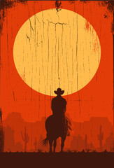 Silhouette of lonesome cowboy riding horse at sunset, Vector Illustration