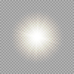 Golden light effect with bright rays on a transparent background
