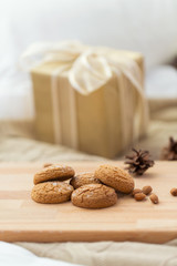 close up of oatmeal cookies on wooden table