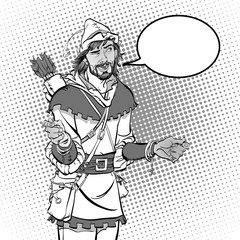 Laughing Robin Hood. Wondering Robin Hood. Medieval legends. Heroes of medieval legends. Halftone background.