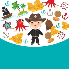 Marine pirate card banner design copy space, pirate boat with sail, gold coins crab octopus starfish island with palm trees anchor compass anchor helm treasures on white light blue background. Vector