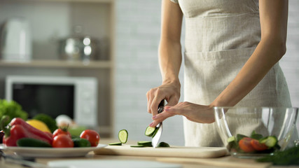 Housewife slicing fresh cucumber for dinner meal, organic nutrition, weight loss