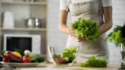 Young woman holding salad leaves in hand, organic lunch ingredients, hobby