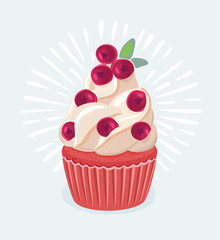 Cupcake with cream and berry, cranberry red pink green leaf, watercolor food illustration, art print, fashion sketch