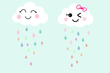 Pretty smile face white cloud on blue sky background and colorful raindrops. Concept about fresh and happy in raining day with friend. Hand drawn illustration technic wallpaper for clothes pattern.