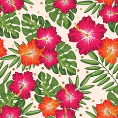 Fototapete Rund Seamless Vector Pattern of Summery Tropical flowers and leaves ideal for creating wallpapers, fabric patterns, clothing prints, labels, crafts and other projects © Karmina