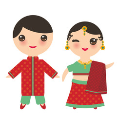 Indian Kawaii boy and girl in national costume. Cartoon children in traditional India dress sari isolated on white background. Vector