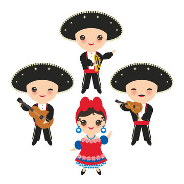 Cubans boy and girl in national costume and hat. Cartoon children in traditional Cuba dress, Mariachi group Musical instruments guitar, viola, violin, trumpet. Isolated on white background. Vector