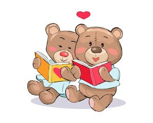 Teddy Bears Read Books with Heart Sign Vector