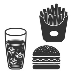 French fries, hamburger, cold drink icon. Flat vector illustration in black on white background.