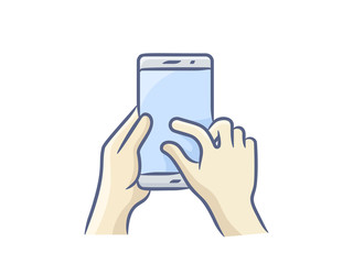 Hand holding smartphone, finger touching screen. Vector