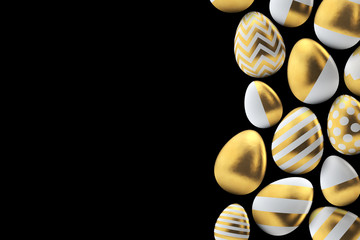Gold pattern easter eggs on a black background. 3D Rendering