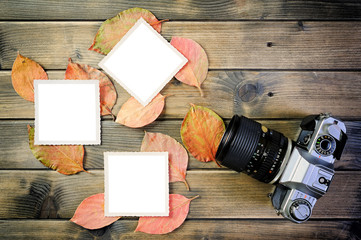 Closeup of vintage photo and camera on antique wooden table and leaves background