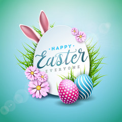 Obraz premium Vector Illustration of Happy Easter Holiday with Painted Egg, Rabbit Ears and Flower on Shiny Blue Background. International Celebration Design with Typography for Greeting Card, Party Invitation or