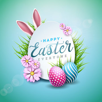 Vector Illustration of Happy Easter Holiday with Painted Egg, Rabbit Ears and Flower on Shiny Blue Background. International Celebration Design with Typography for Greeting Card, Party Invitation or