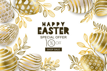 Naklejka premium Happy Easter sale banner. Vector holiday frame. Golden 3d eggs with hand painted decoration and gold leves, isolated on white background. Design for holiday flyer, poster, party invitation.