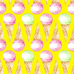 Seamless ice-cream pattern. Watercolor hand drawn summer print in unusual colors with ice lolly and Ice cream in a waffle cup. Childish baby background. Food print. 