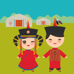 Mongolian boy and girl in red national costume and hat. Cartoon children in traditional dress. Landscape steppe, mountains, sky, home yurt. Vector