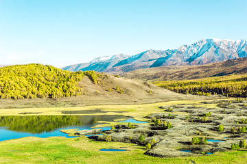 View of the Sunny mountain valley with lakes and rivers. Journey through the Altai Republic.