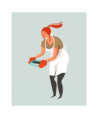 Hand drawn vector abstract modern cartoon cooking time illustrations icon with cooking chef woman in white apron preparing food isolated on white background.Food cooking illustrations concept design