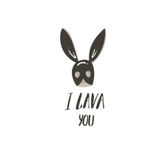 Hand drawn vector abstract modern cartoon Happy Valentines day concept illustrations card with bunny mask and handwritten modern ink calligraphy text I lava you isolated on white background