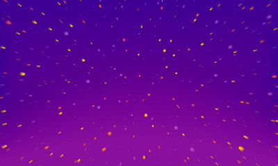 Space purple background in golden stars. Space backdrop of glowing yellow sparks on purple.