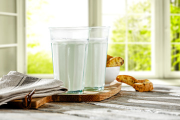 Fresh milk and window background space 