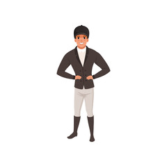 Jockey man in black costume, equestrian professional sport vector Illustration  
