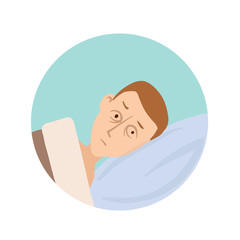 The young man lies in bed with his eyes open. Sleep disorders, insomnia round icon. Vector flat illustration, isolated on white background.