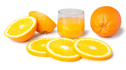 Orange juice glass with orange slices isolated on a white background