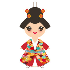Japanese girl in national costume. kimono, Cartoon children in traditional dress. Japan sakura wave circle pattern red burgundy colors card banner design isolated on white background. Vector