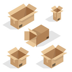 Cardboardbox collection i isometric style with shadows isolated on white background. Bector ilustration of different size open packages with barcodes.
