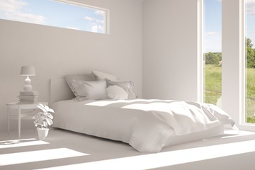 Inspiration of white minimalist  bedroom with summer landscape in window. Scandinavian interior design. 3D illustration