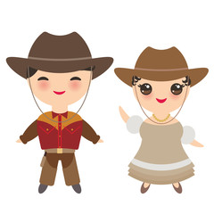 Cowboy boy and girl in national costume and hat. Cartoon children in traditional dress. Isolated on white background. Vector