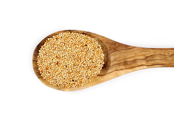 Bird seed pile, millet in wooden spoon isolated on white background