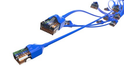 twisting blue internet cables. conceptual 3d illustration of ethernet cable and rj-45 plug.