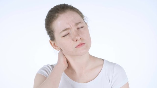 Tired Young Woman with Neck Pain, White Background
