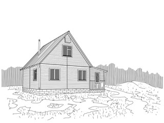 Wooden house lined with siding. A good place for village life. Fresh air and clean nature. Rest and trip for the urban dweller.