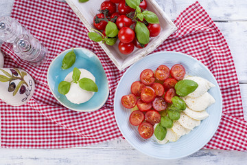 Traditional Italian salad with fresh cherry tomatoes and soft mazarella cheese, with basil and olive oil. Ingredients for salad.