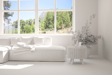 Idea of white room with sofa and summer landscape in window. Scandinavian interior design. 3D illustration