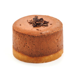 Brown chocolate round cheesecake. white isolated background
