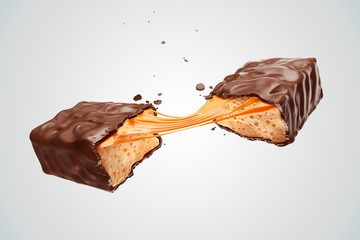 Cracked Chocolate bar with caramel - obrazy, fototapety, plakaty