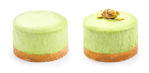 Green chocolate round cheesecake. white isolated background