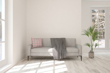 Idea of white minimalist room with sofa. Scandinavian interior design. 3D illustration